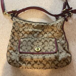 Coach Beige and Burgundy Signature Shoulder Bag